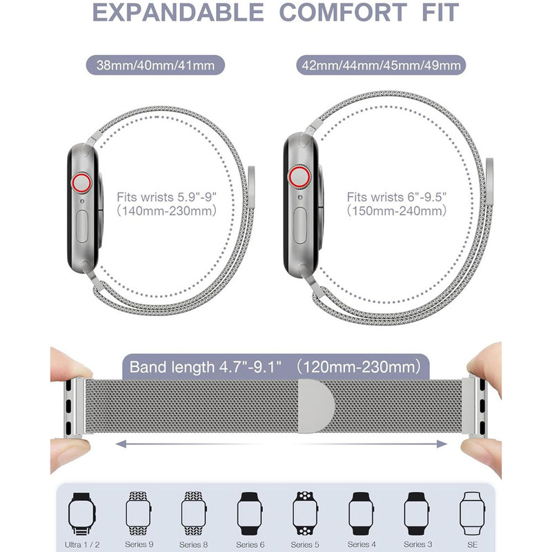 بند آی ویش مدل Milanese Loop مناسب برای اپل واچ سری SE/1/2/3/4/5/6/7/8/9/ULTRA/ULTRA 2/7 ALUMINUM/8 ALUMINUM مناسب برای سایز 42 / 44 / 45 / 49 میلی متر