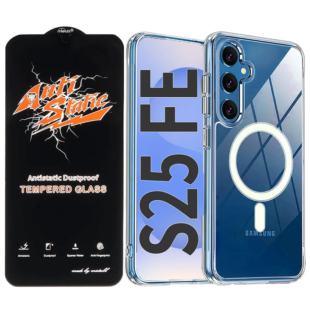 قاب شفاف مگ سیف دار مناسب سامسونگ گلکسی اس بیست و پنج اف ای Galaxy S25 FE به همراه گلس آنتی استاتیک میتوبل
