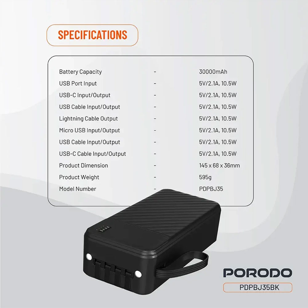 پاور بانک سی هزار 30000 پورودو Porodo مدل PDPBJ35BK با کابل و چراغ قوه