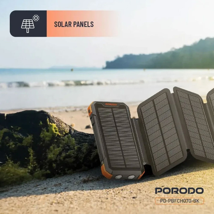 پاوربانک خورشیدی 20000 میلیآمپرساعت پرودو مدل 4 پنل 20 وات Porodo Power Bank 20000mAh 4-Panel Solar PD-PBFCH070