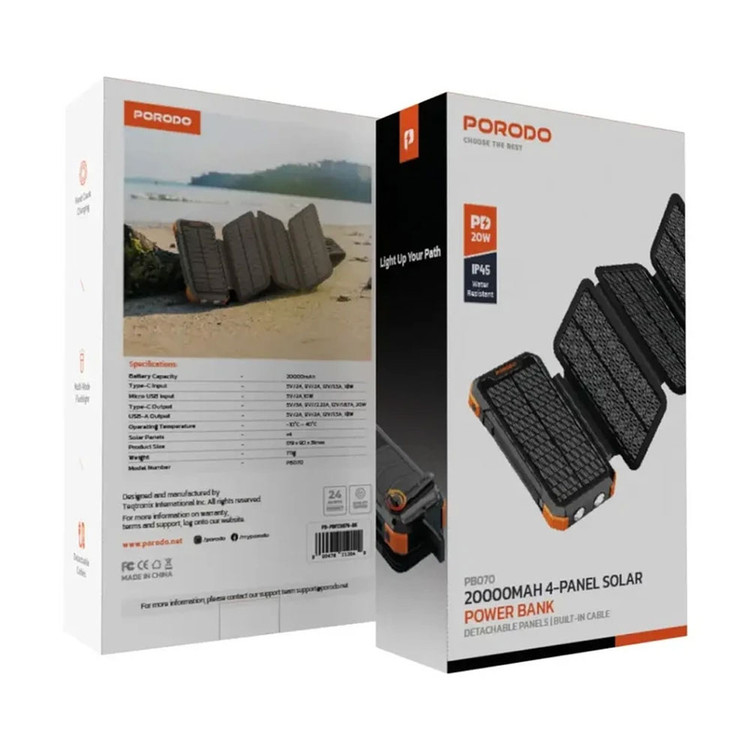 پاوربانک خورشیدی 20000 میلیآمپرساعت پرودو مدل 4 پنل 20 وات Porodo Power Bank 20000mAh 4-Panel Solar PD-PBFCH070
