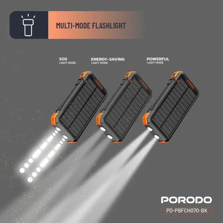 پاوربانک خورشیدی 20000 میلیآمپرساعت پرودو مدل 4 پنل 20 وات Porodo Power Bank 20000mAh 4-Panel Solar PD-PBFCH070