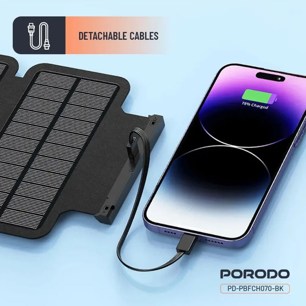 پاوربانک خورشیدی 20000 میلیآمپرساعت پرودو مدل 4 پنل 20 وات Porodo Power Bank 20000mAh 4-Panel Solar PD-PBFCH070