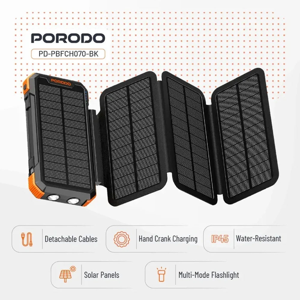 پاوربانک خورشیدی 20000 میلیآمپرساعت پرودو مدل 4 پنل 20 وات Porodo Power Bank 20000mAh 4-Panel Solar PD-PBFCH070