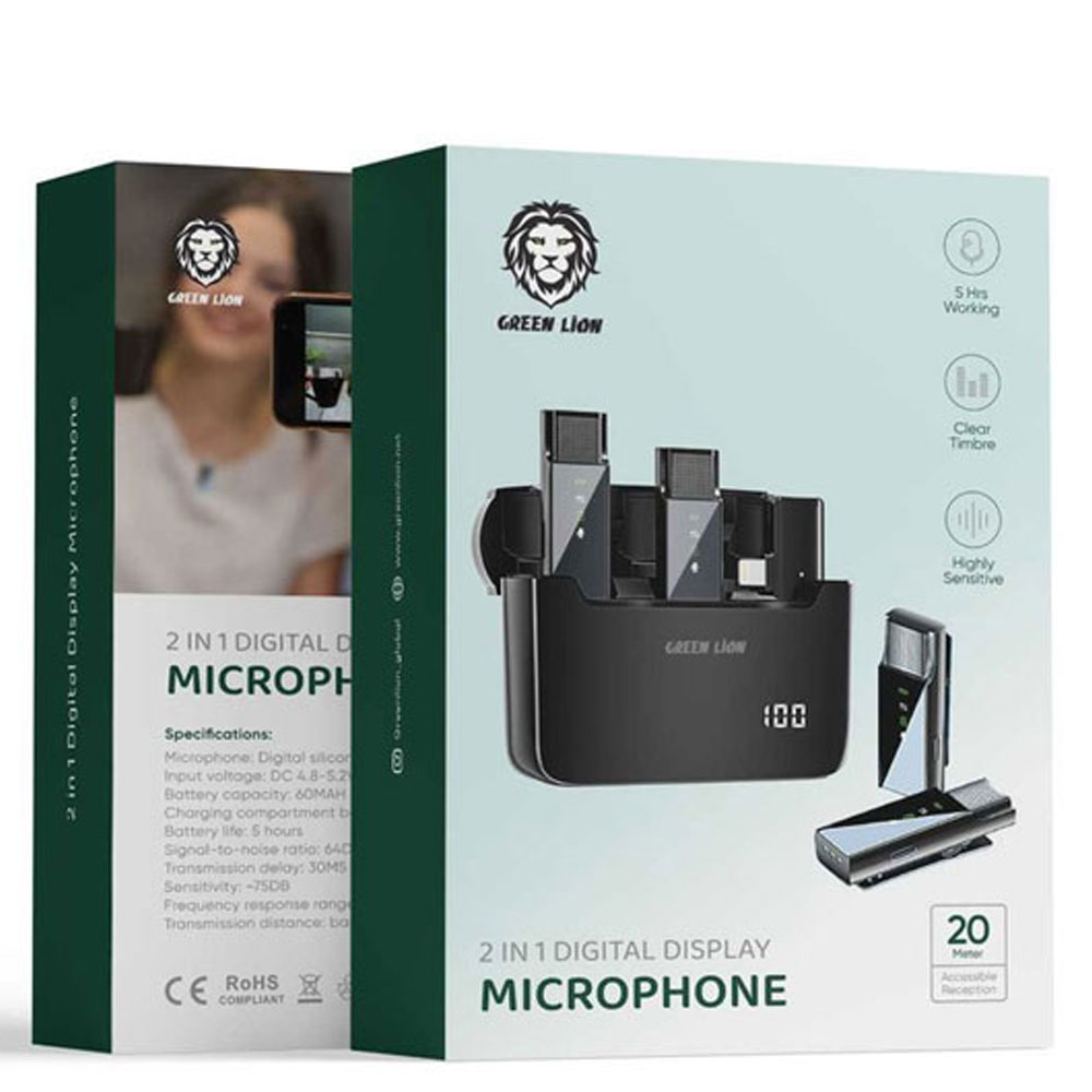 میکروفون وایرلس لایتنینگ گرین لاین Green Lion Lightning 2in1 Digital Display Microphone GN2IN1DDMLTBK