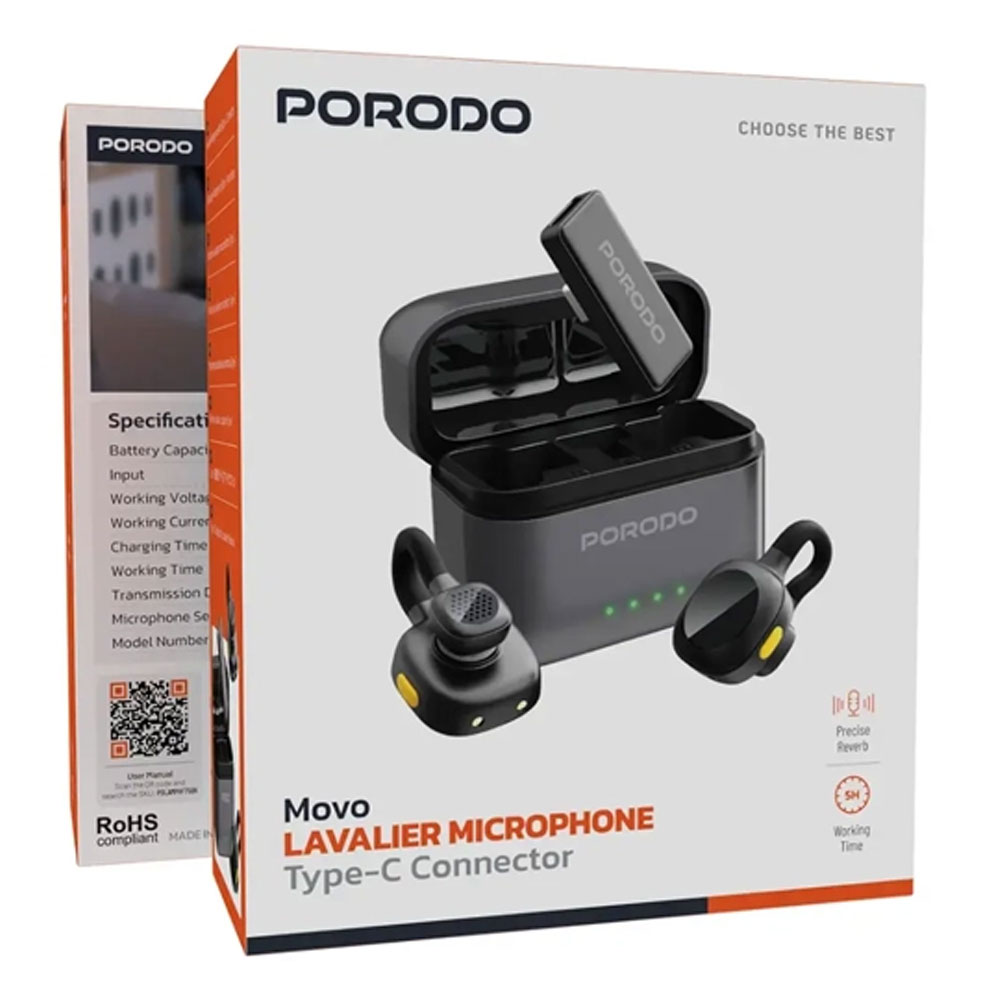 میکروفون یقه ای بیسیم پرودو Porodo Movo Lavalier Microphone Type-C PDLAMPHF76BK