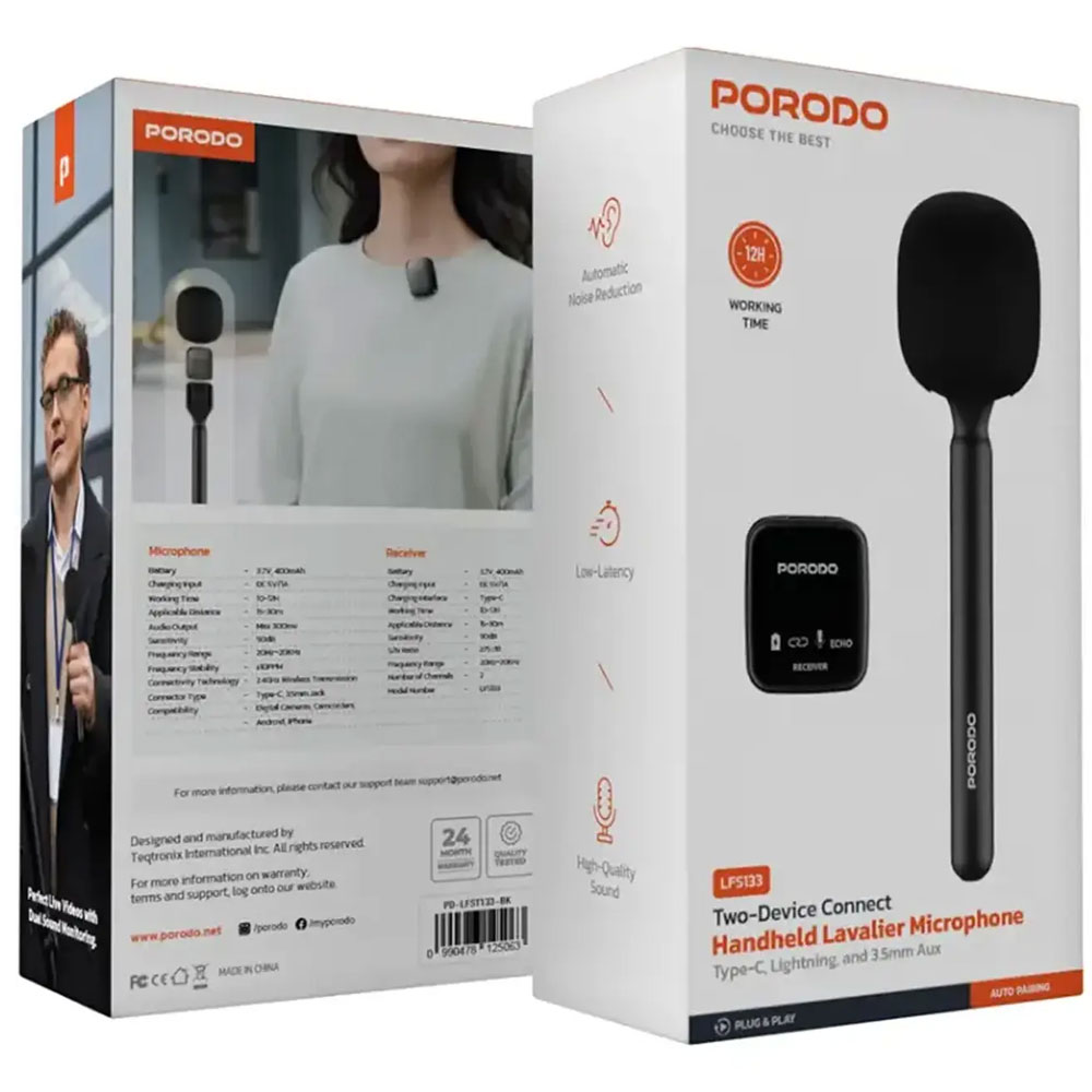 میکروفون بیسیم دستی پورودو Porodo PDLFST133BK با اتصال همزمان دو دستگاه