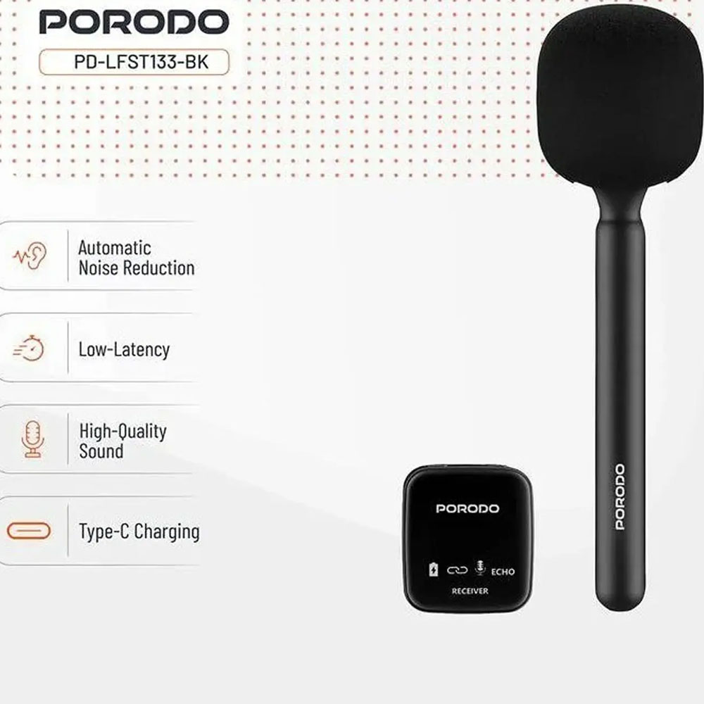 میکروفون بیسیم دستی پورودو Porodo PDLFST133BK با اتصال همزمان دو دستگاه